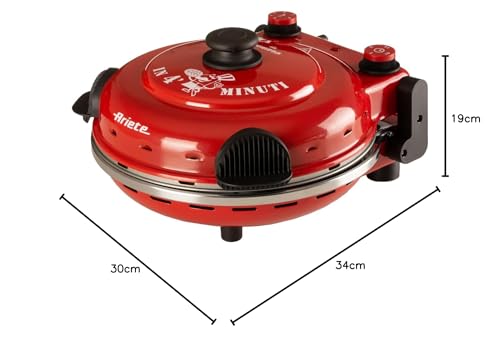 Ariete Pizzaofen 919, 4-Minuten-Pizza, Pizzaofen mit 5 Garstufen, Feuerfeste Platte zum Wiederaufwärmen, Holzbrettchen im Lieferumfang Enthalten, Max. Temperatur 400°C, 1200W, Rot