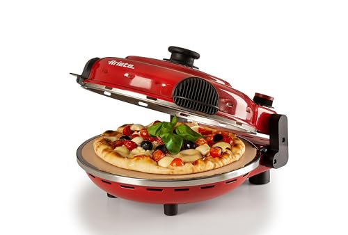 Ariete Pizzaofen 919, 4-Minuten-Pizza, Pizzaofen mit 5 Garstufen, Feuerfeste Platte zum Wiederaufwärmen, Holzbrettchen im Lieferumfang Enthalten, Max. Temperatur 400°C, 1200W, Rot