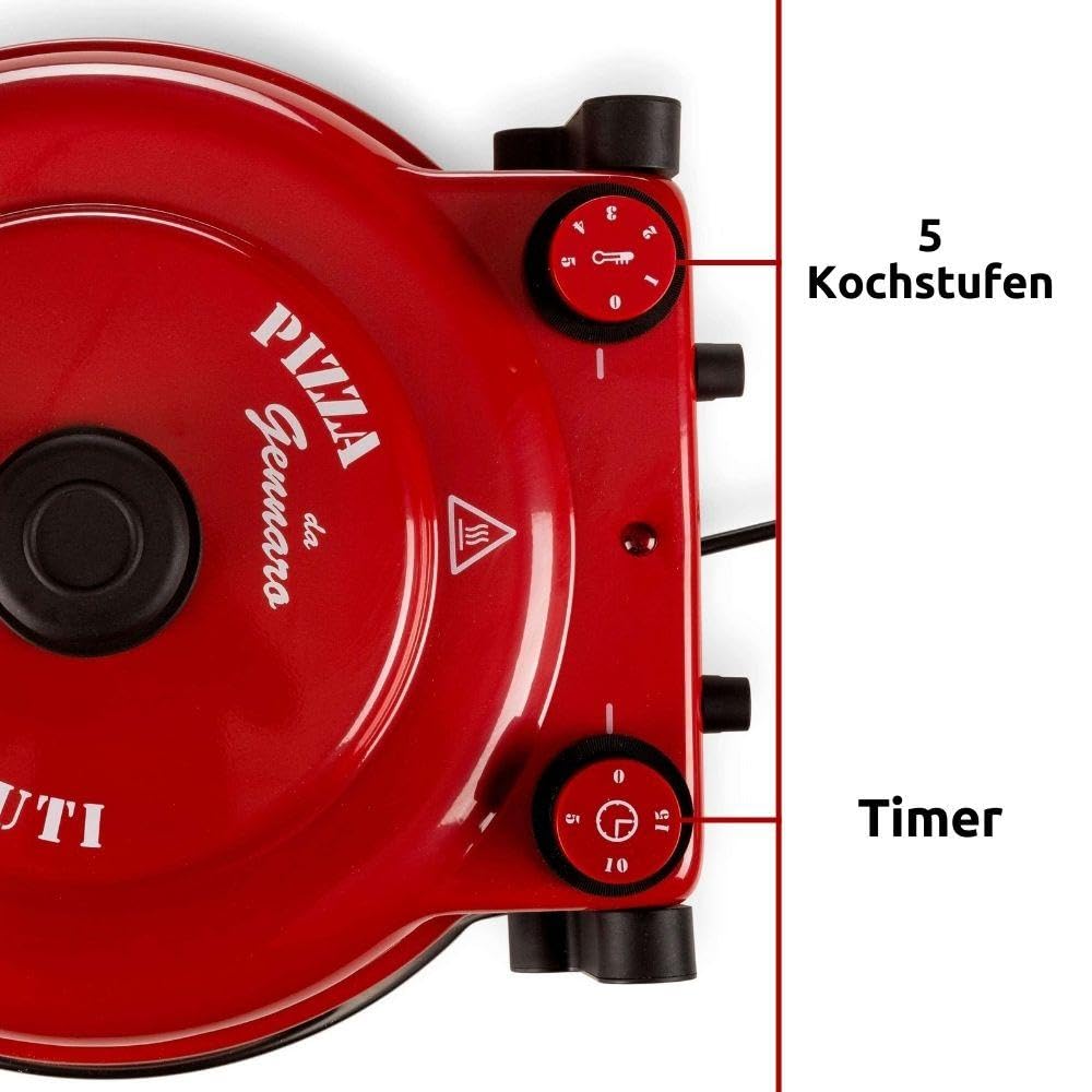 Ariete Pizzaofen 919, 4-Minuten-Pizza, Pizzaofen mit 5 Garstufen, Feuerfeste Platte zum Wiederaufwärmen, Holzbrettchen im Lieferumfang Enthalten, Max. Temperatur 400°C, 1200W, Rot