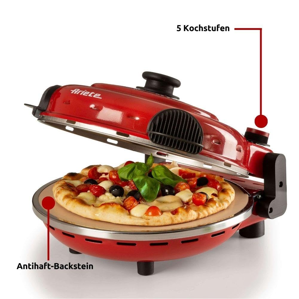 Ariete Pizzaofen 919, 4-Minuten-Pizza, Pizzaofen mit 5 Garstufen, Feuerfeste Platte zum Wiederaufwärmen, Holzbrettchen im Lieferumfang Enthalten, Max. Temperatur 400°C, 1200W, Rot