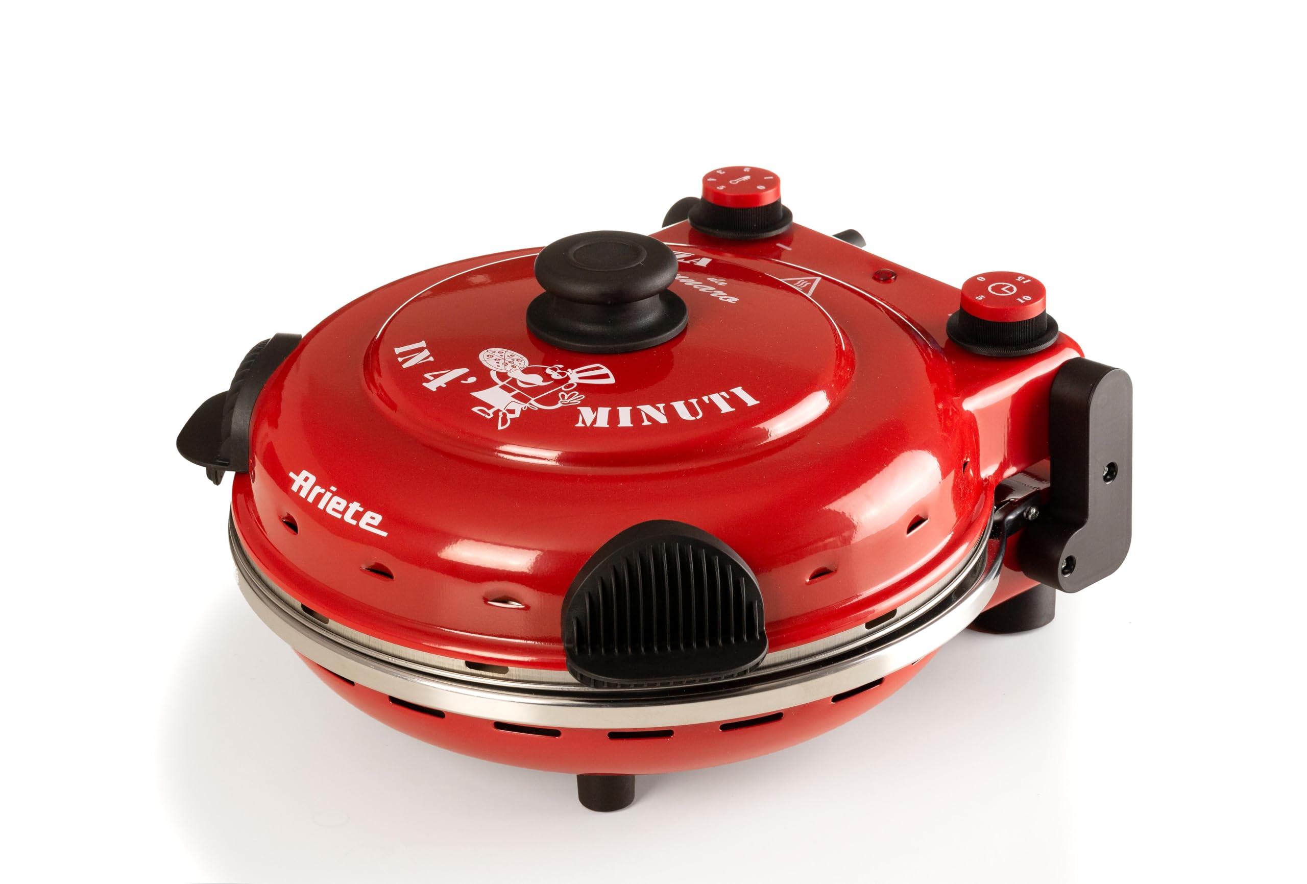 Ariete Pizzaofen 919, 4-Minuten-Pizza, Pizzaofen mit 5 Garstufen, Feuerfeste Platte zum Wiederaufwärmen, Holzbrettchen im Lieferumfang Enthalten, Max. Temperatur 400°C, 1200W, Rot