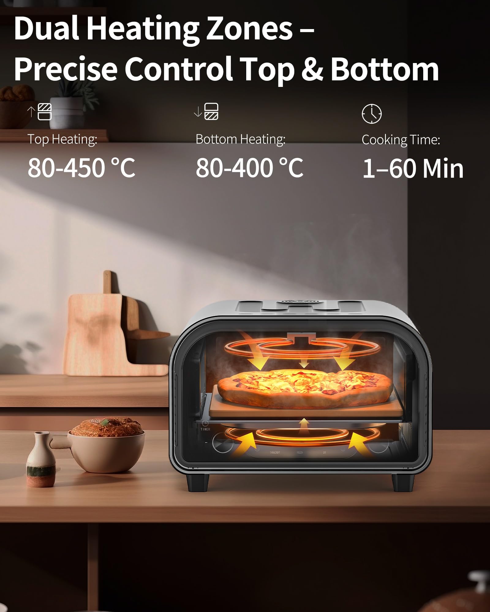 ZACHVO Elektrischer Pizzaofen - bis 450℃, 5 voreingestellte Pizzaarten, 1-60 Min Timer, Touchscreen & Drehregler, Edelstahlgehäuse, für 32cm Pizza, inkl. Pizzastein, Pizzaschieber, Rezeptbuch, Schwarz