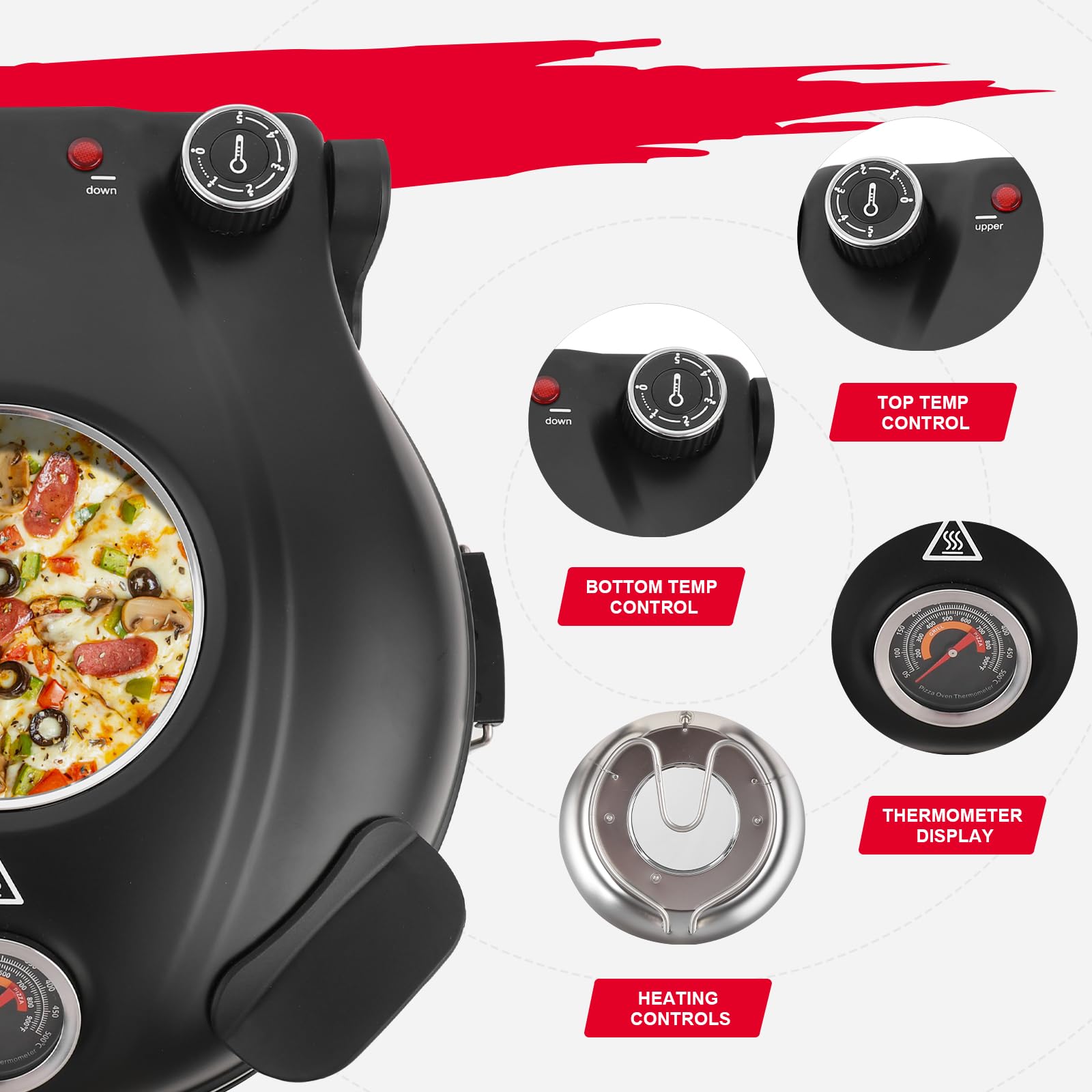 Klaif Elektrischer Pizzaofen, 420 °C, 1200 Watt, 5 Temperaturstufen separat einstellbar, Platte aus feuerfestem Stein mit 31 cm