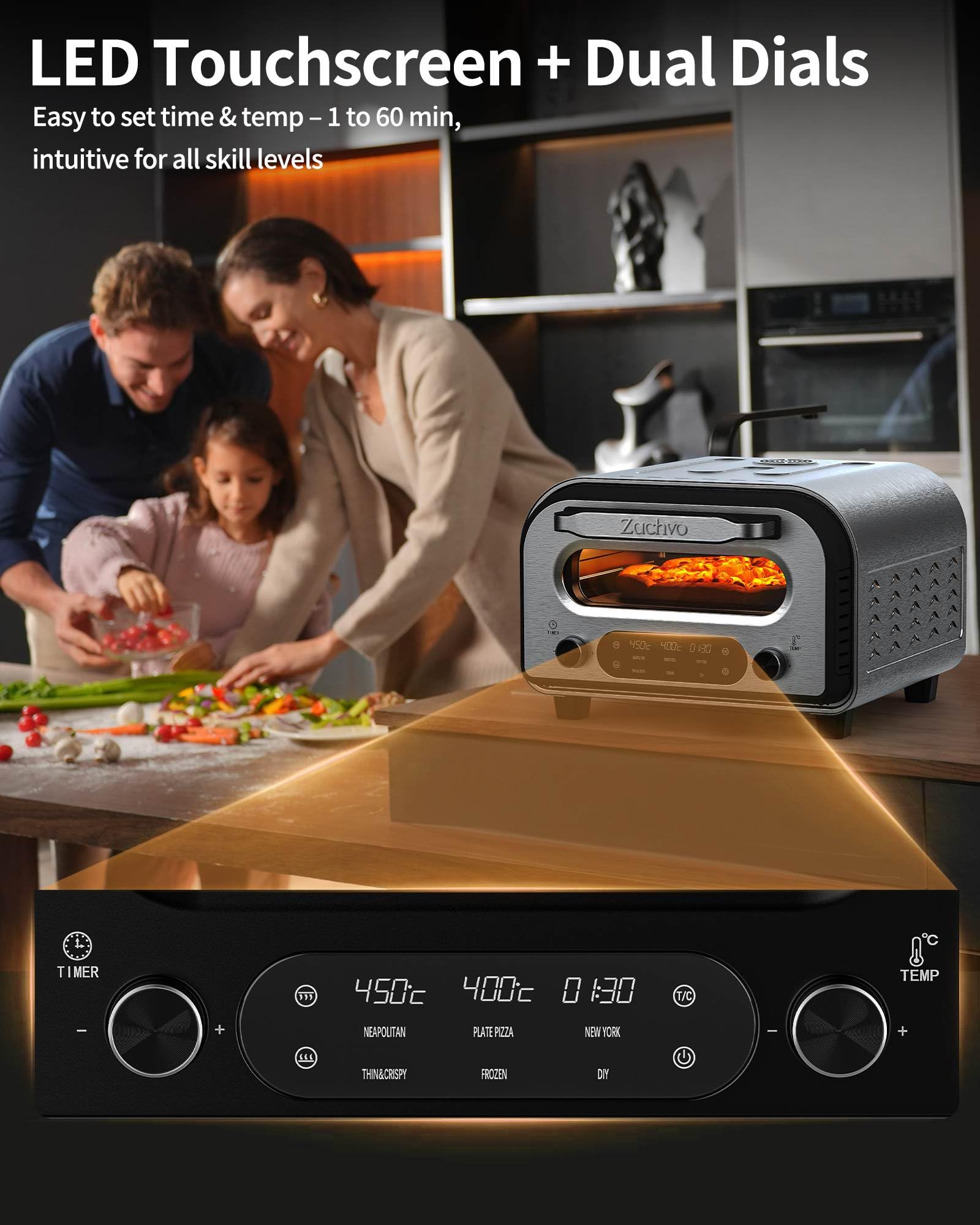 ZACHVO Elektrischer Pizzaofen - bis 450℃, 5 voreingestellte Pizzaarten, 1-60 Min Timer, Touchscreen & Drehregler, Edelstahlgehäuse, für 32cm Pizza, inkl. Pizzastein, Pizzaschieber, Rezeptbuch, Schwarz