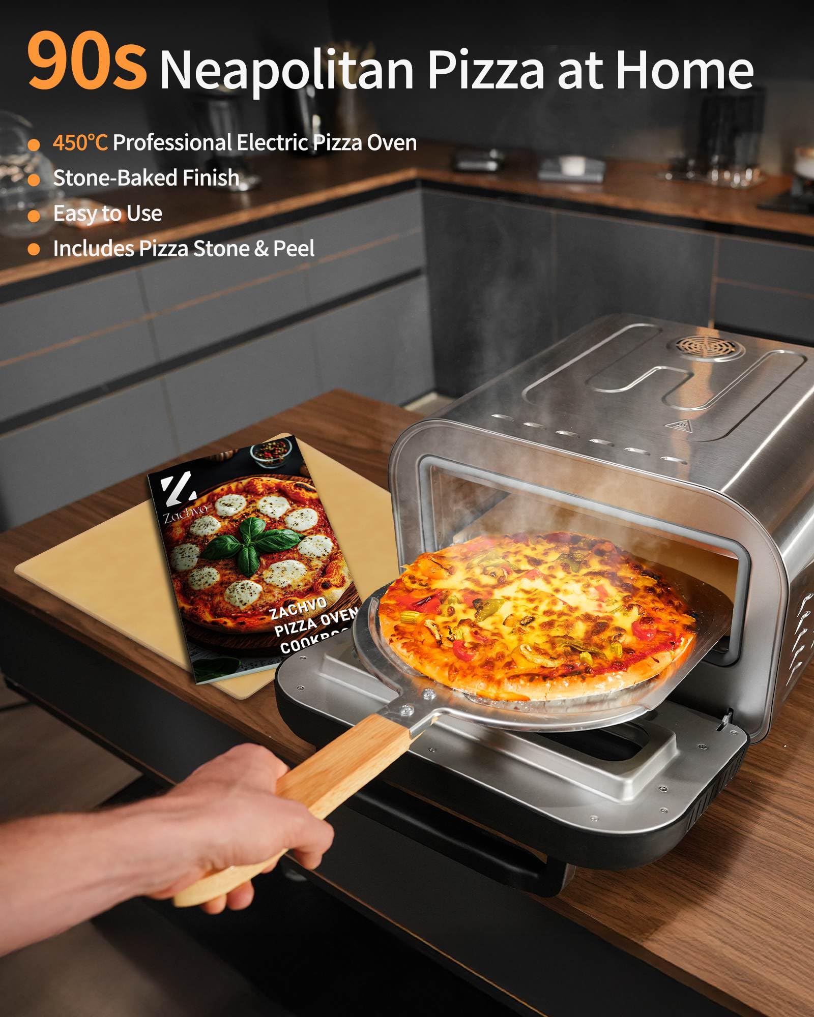 ZACHVO Elektrischer Pizzaofen - bis 450℃, 5 voreingestellte Pizzaarten, 1-60 Min Timer, Touchscreen & Drehregler, Edelstahlgehäuse, für 32cm Pizza, inkl. Pizzastein, Pizzaschieber, Rezeptbuch, Schwarz