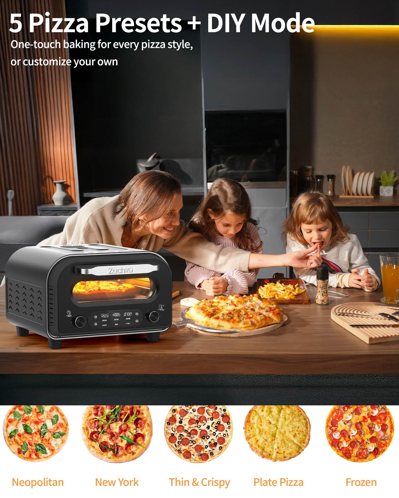 ZACHVO Elektrischer Pizzaofen - bis 450℃, 5 voreingestellte Pizzaarten, 1-60 Min Timer, Touchscreen & Drehregler, Edelstahlgehäuse, für 32cm Pizza, inkl. Pizzastein, Pizzaschieber, Rezeptbuch, Schwarz