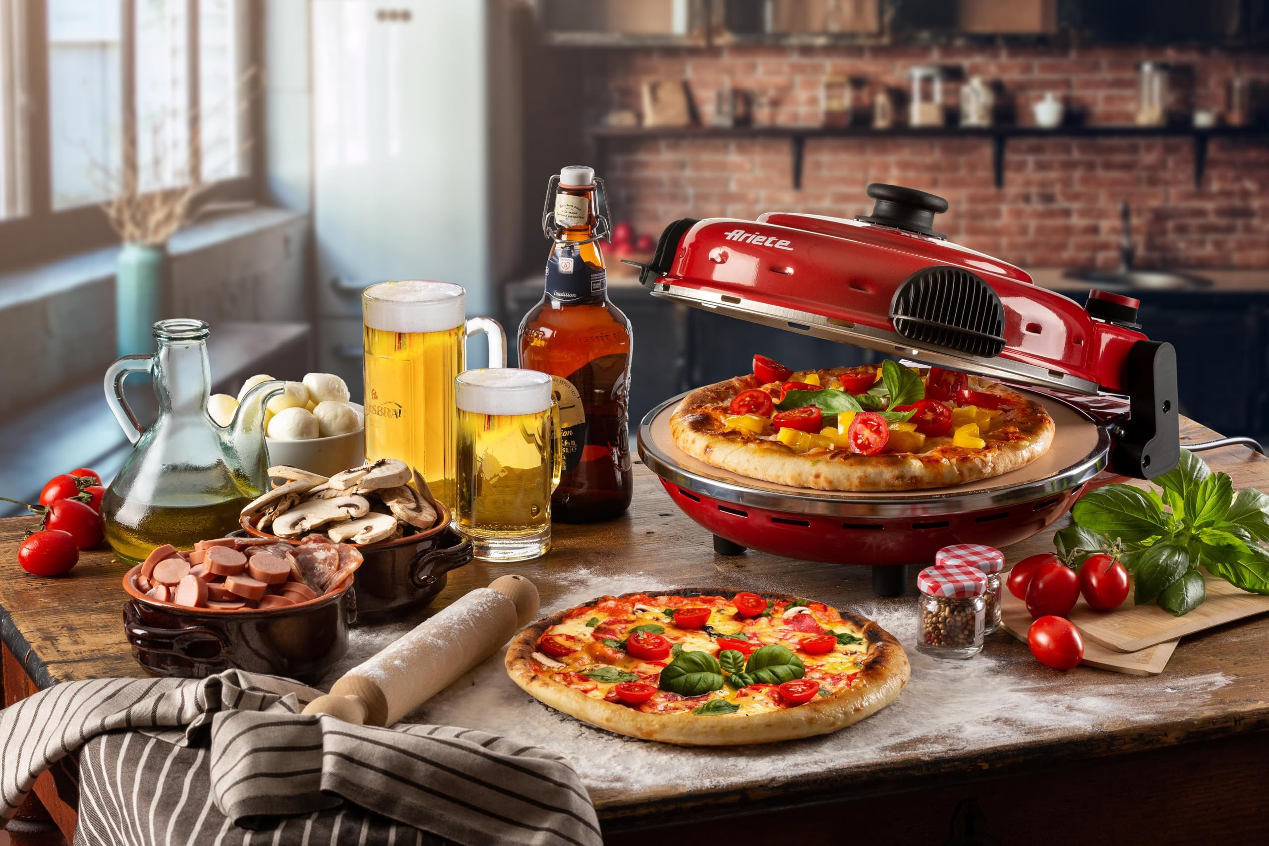 Ariete Pizzaofen 919, 4-Minuten-Pizza, Pizzaofen mit 5 Garstufen, Feuerfeste Platte zum Wiederaufwärmen, Holzbrettchen im Lieferumfang Enthalten, Max. Temperatur 400°C, 1200W, Rot