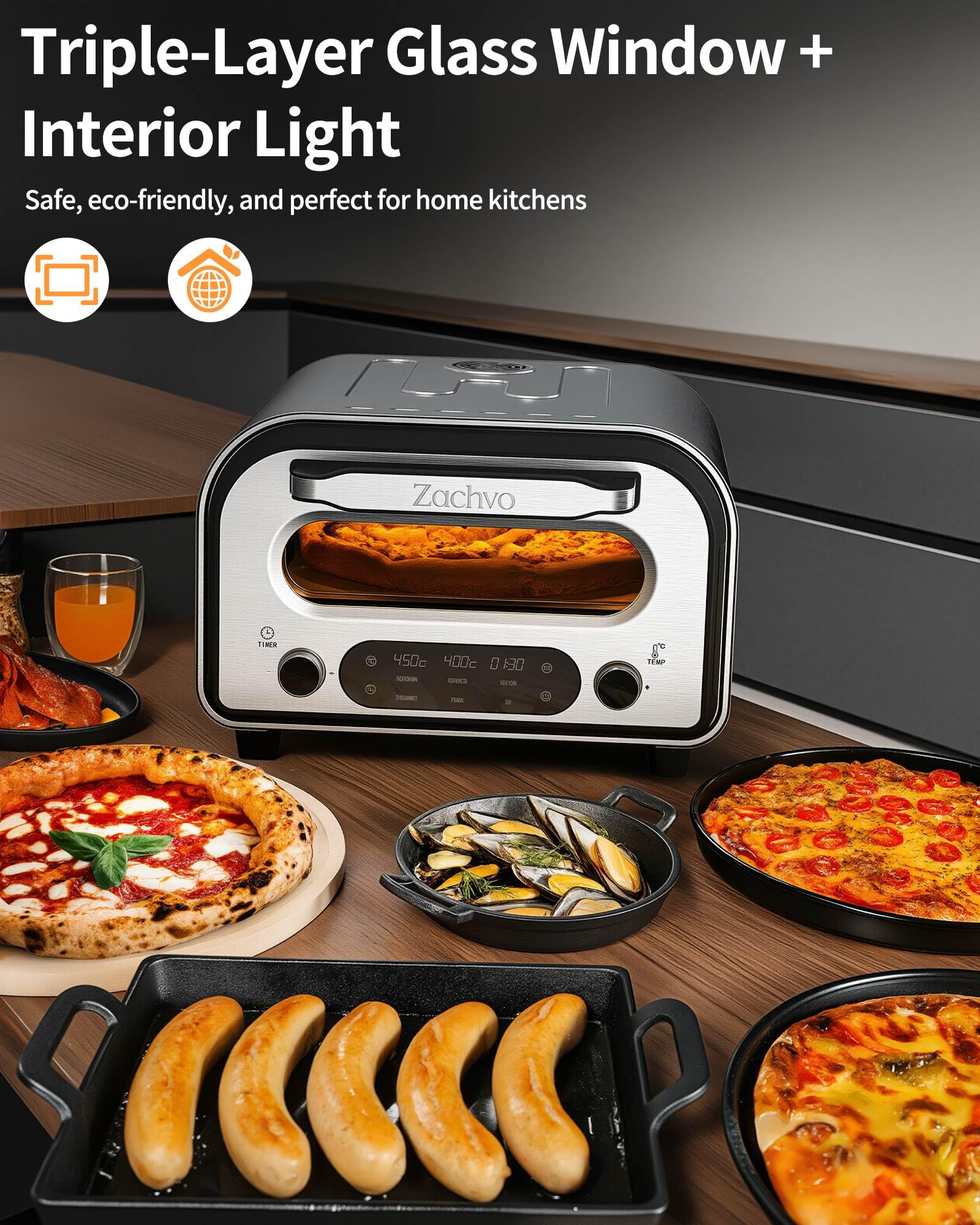 ZACHVO Elektrischer Pizzaofen - bis 450℃, 5 voreingestellte Pizzaarten, 1-60 Min Timer, Touchscreen & Drehregler, Edelstahlgehäuse, für 32cm Pizza, inkl. Pizzastein, Pizzaschieber, Rezeptbuch, Schwarz