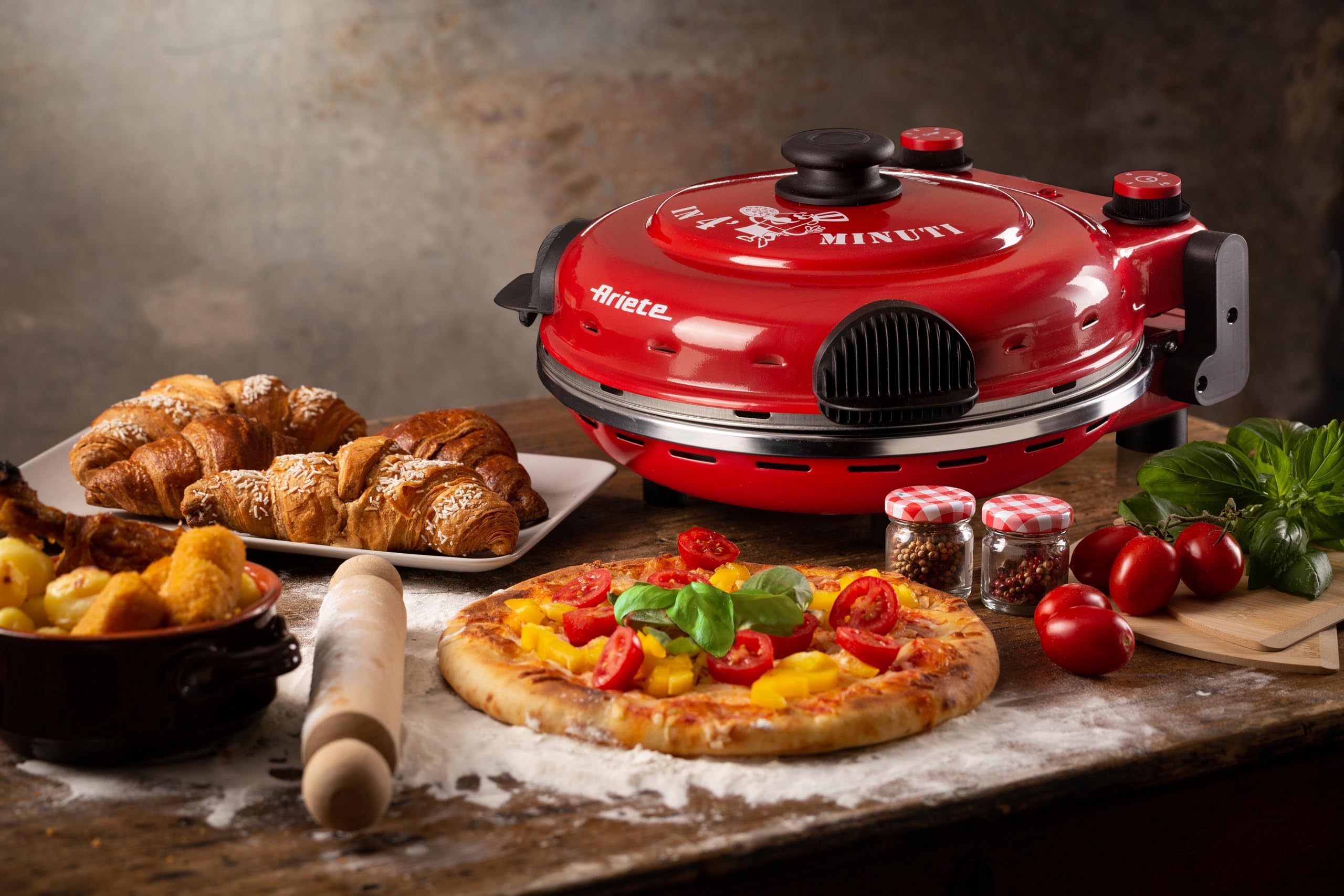 Ariete Pizzaofen 919, 4-Minuten-Pizza, Pizzaofen mit 5 Garstufen, Feuerfeste Platte zum Wiederaufwärmen, Holzbrettchen im Lieferumfang Enthalten, Max. Temperatur 400°C, 1200W, Rot