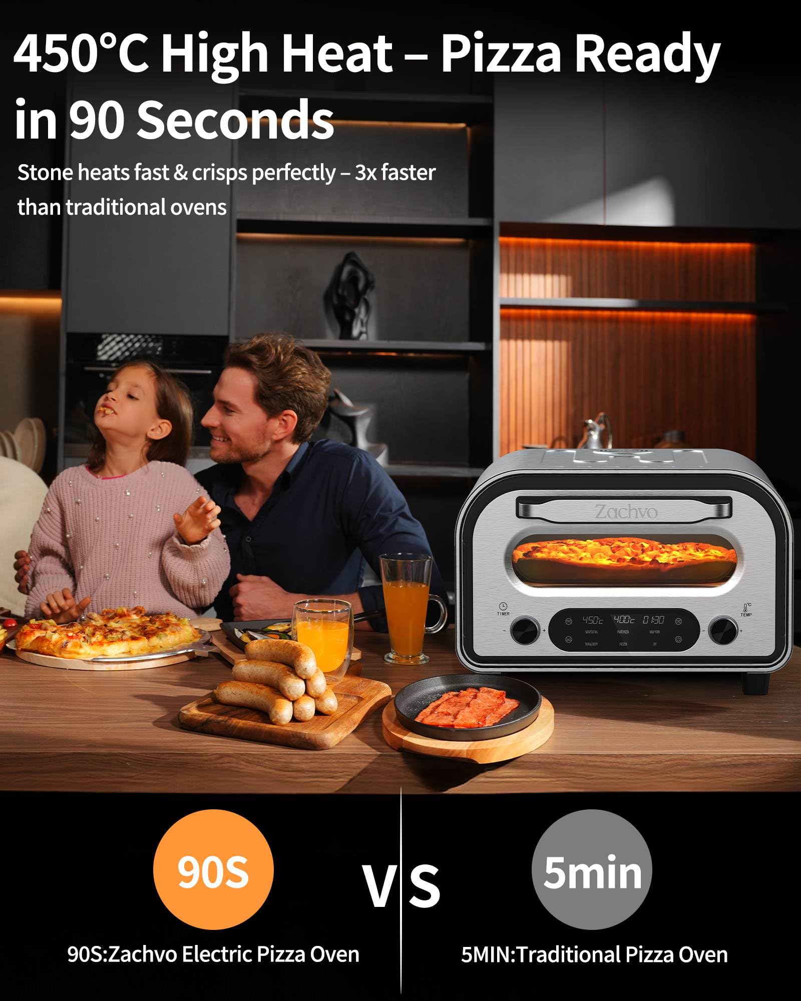 ZACHVO Elektrischer Pizzaofen - bis 450℃, 5 voreingestellte Pizzaarten, 1-60 Min Timer, Touchscreen & Drehregler, Edelstahlgehäuse, für 32cm Pizza, inkl. Pizzastein, Pizzaschieber, Rezeptbuch, Schwarz